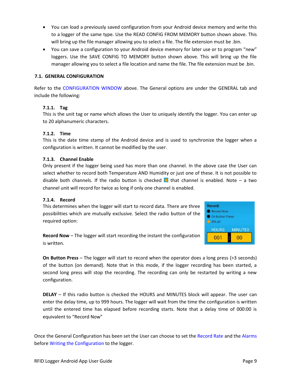 General configuration, Time, Channel enable | Record | Monarch Instrument Android Application User Manual | Page 9 / 12