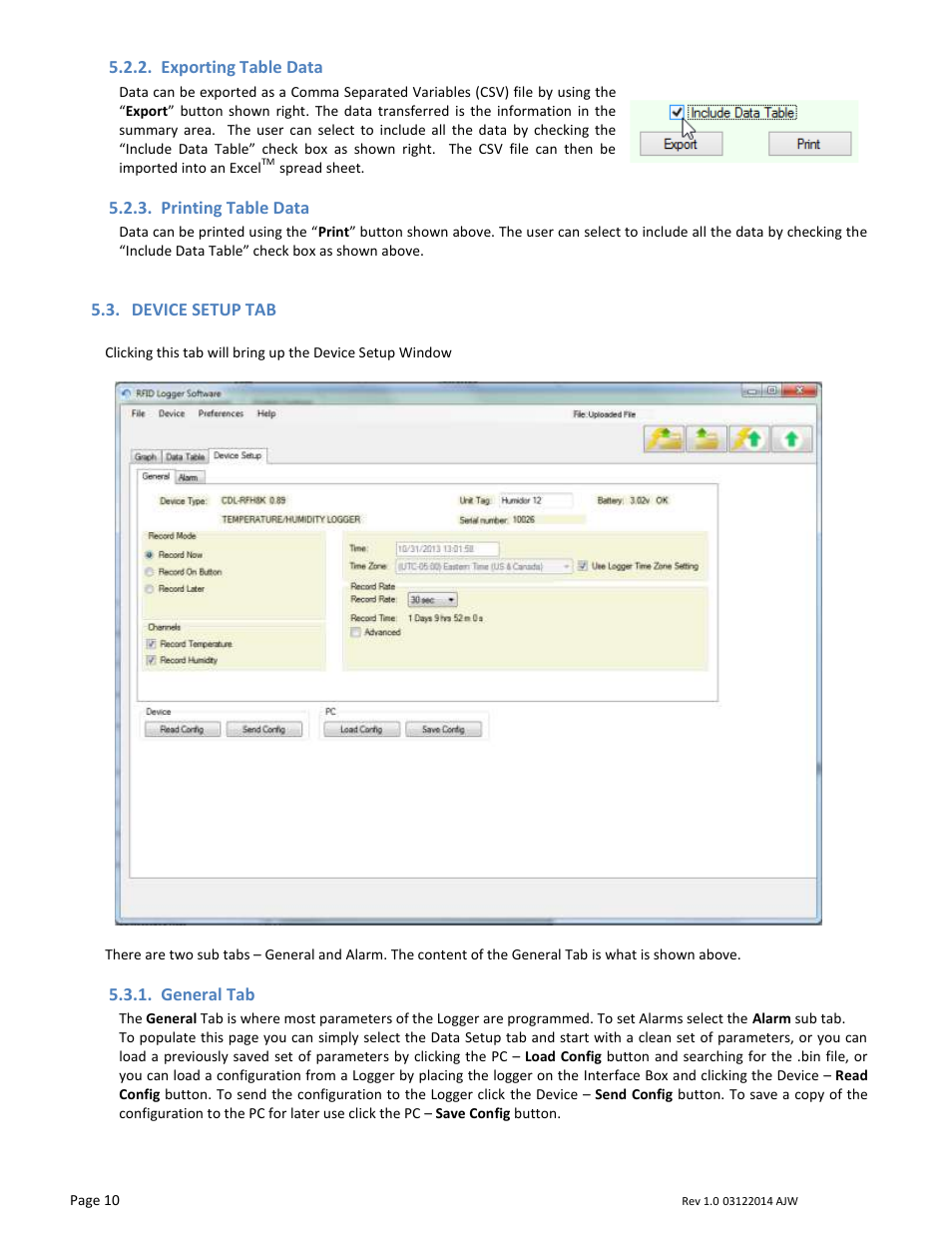 Exporting table data, Printing table data, Device setup tab | General tab | Monarch Instrument RFID LOGGER User Manual | Page 10 / 13