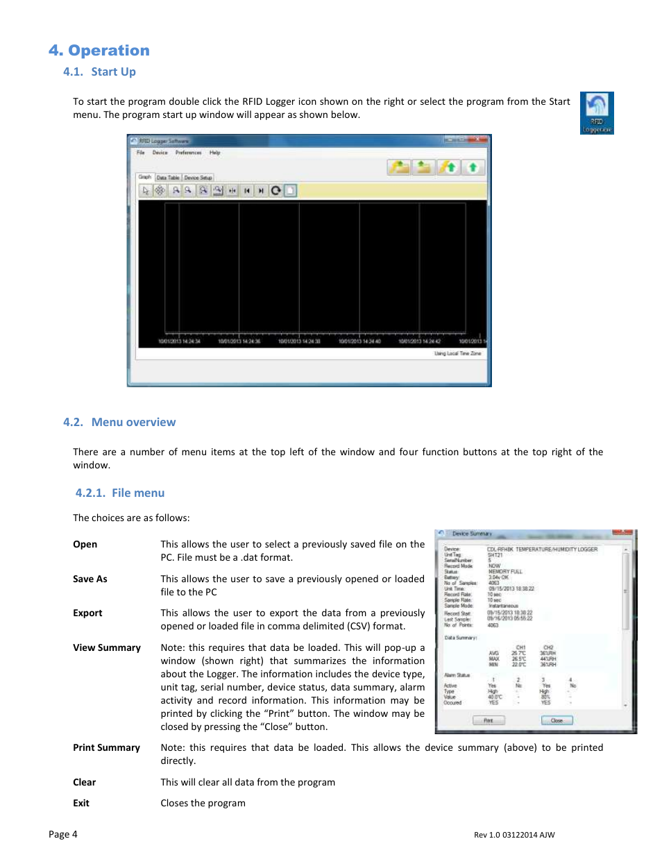 Operation, Start up, Menu overview | File menu | Monarch Instrument RFID LOGGER User Manual | Page 4 / 13