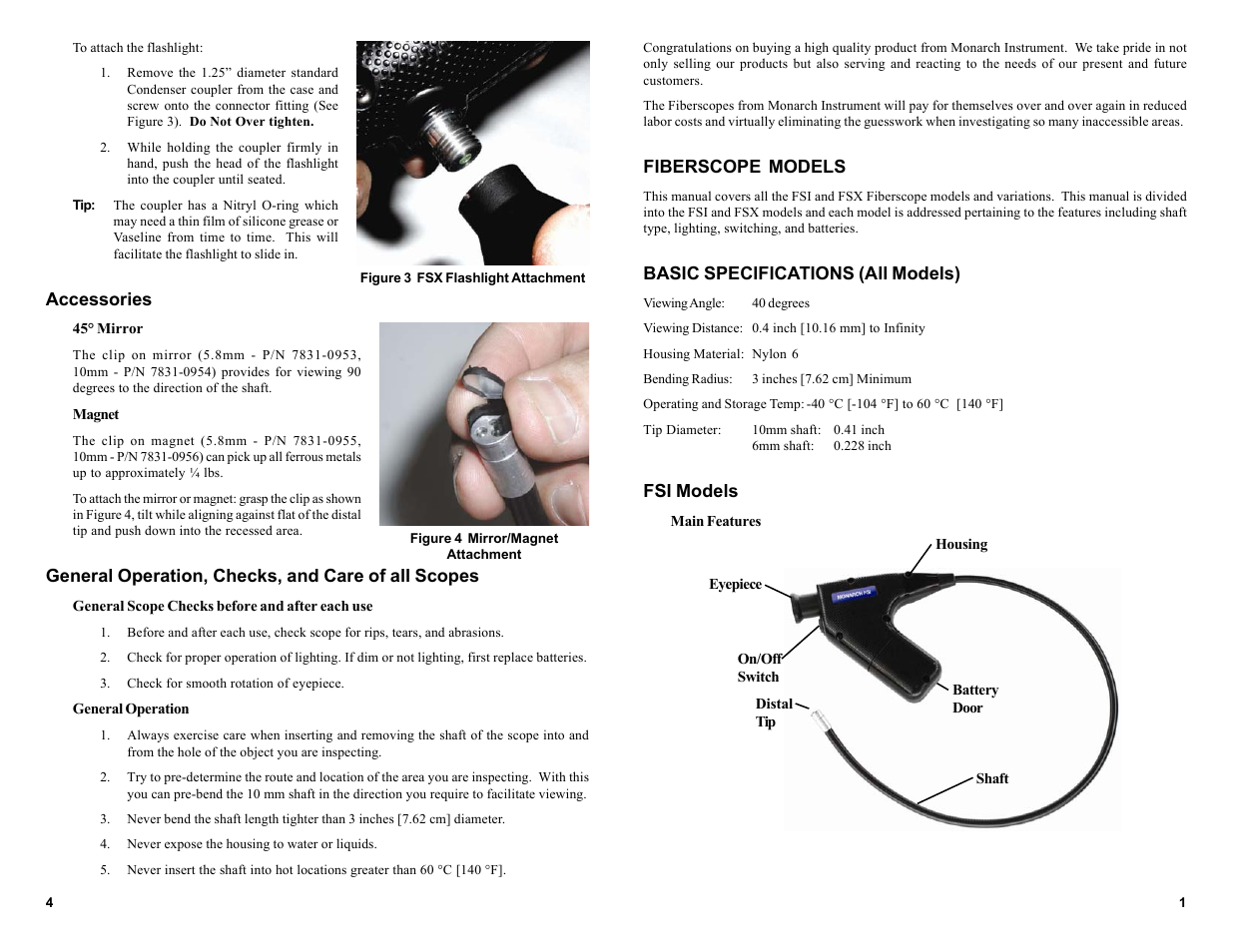 Fiberscope models, Basic specifications (all models), Fsi models | Accessories, General operation, checks, and care of all scopes | Monarch Instrument FSX User Manual | Page 3 / 4