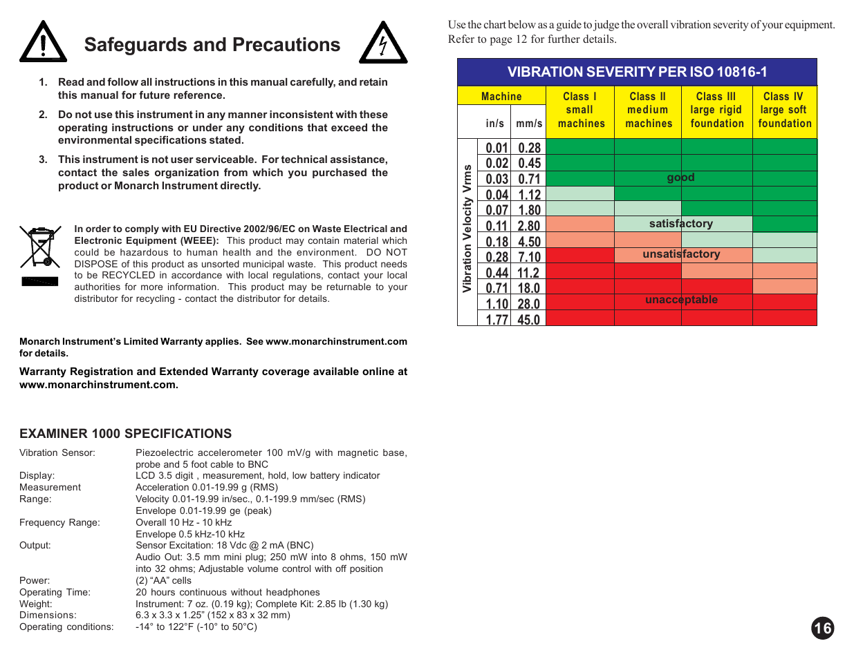 Safeguards and precautions | Monarch Instrument EXAMINER 1000 User Manual | Page 2 / 10