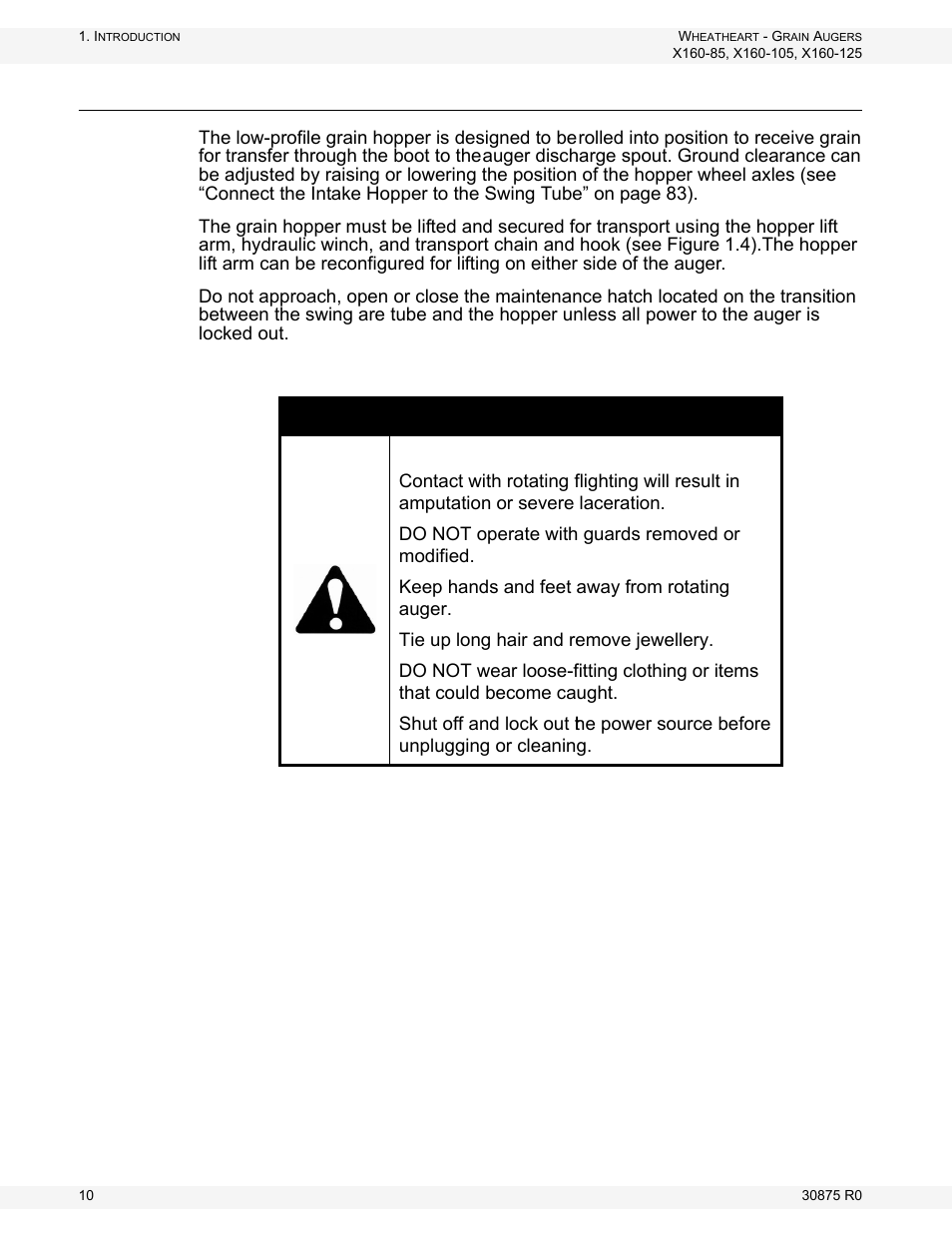 Grain hopper, Danger | Wheatheart X160 Series User Manual | Page 10 / 146