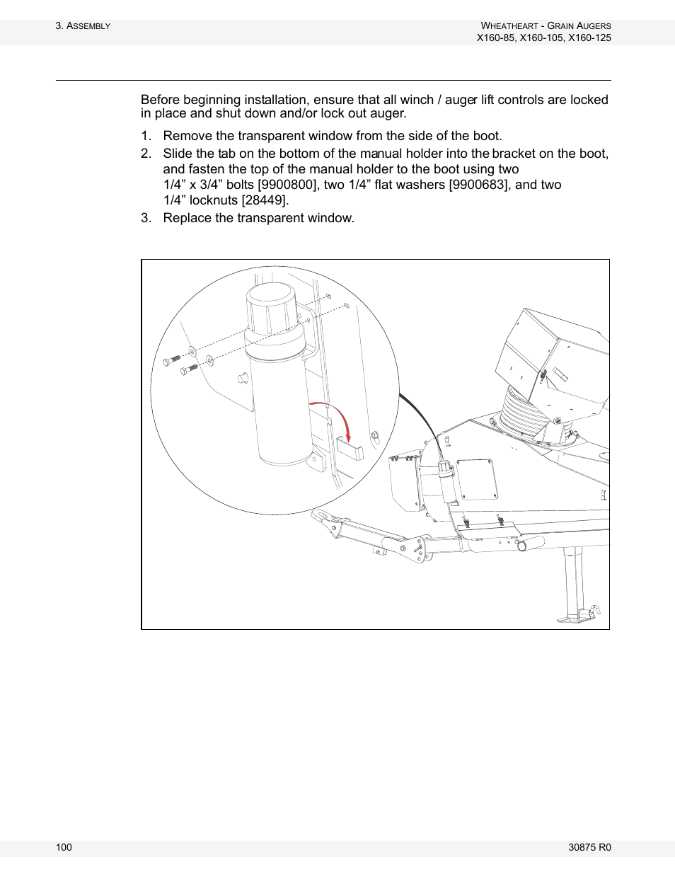Install the manual container | Wheatheart X160 Series User Manual | Page 100 / 146