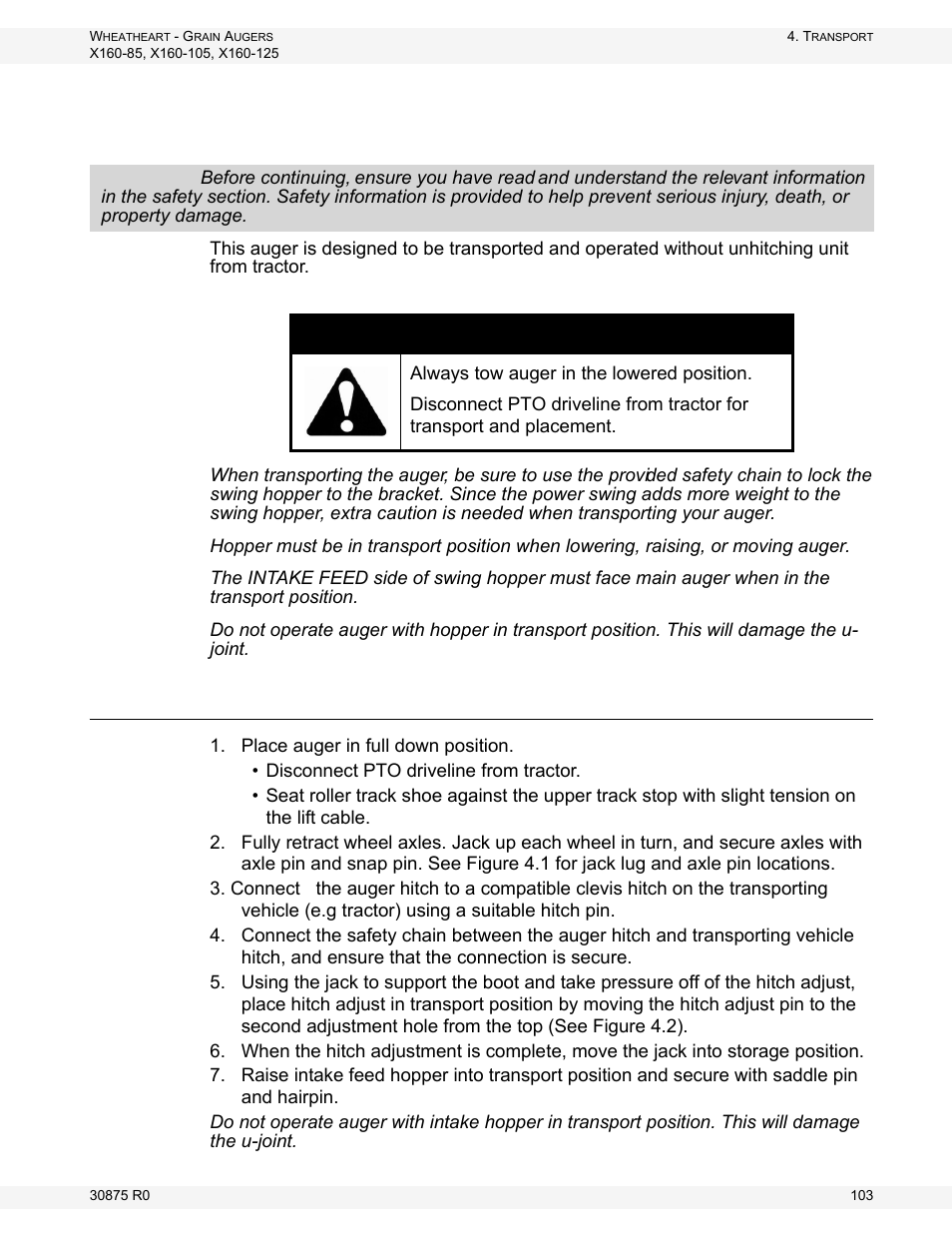 Transport, Transport position, Caution | Wheatheart X160 Series User Manual | Page 103 / 146
