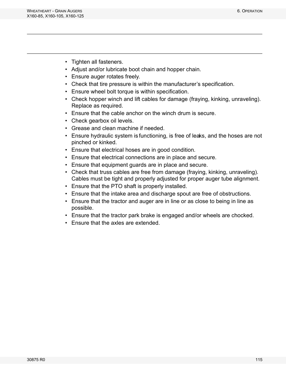 Pre-operation, Checklist | Wheatheart X160 Series User Manual | Page 115 / 146