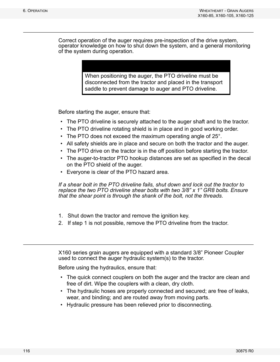 Pto drive, Hydraulics, Pto d | Notice | Wheatheart X160 Series User Manual | Page 116 / 146