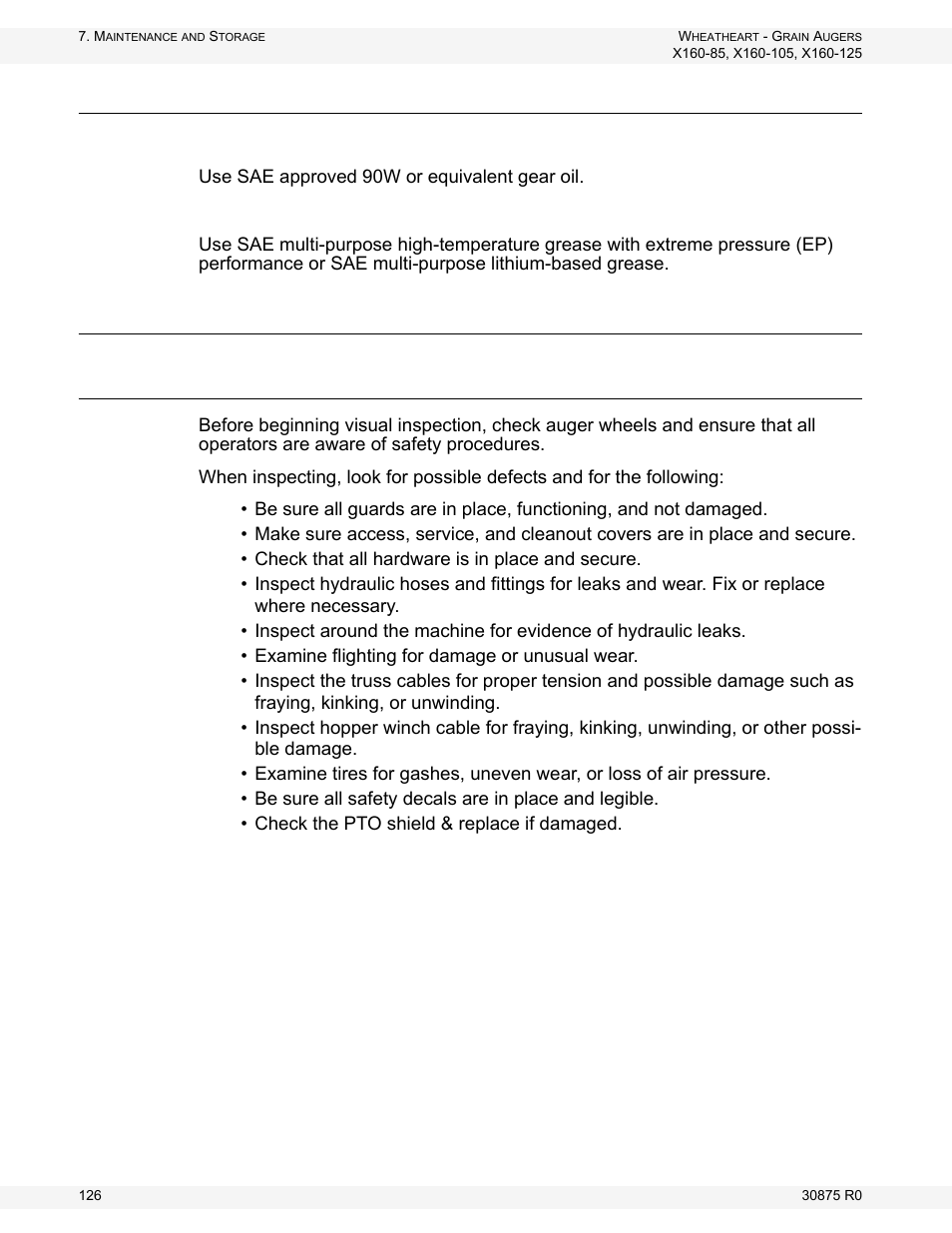 Fluids and lubricants, Maintenance procedures, Visual inspection | Refer to section 7.3 | Wheatheart X160 Series User Manual | Page 126 / 146