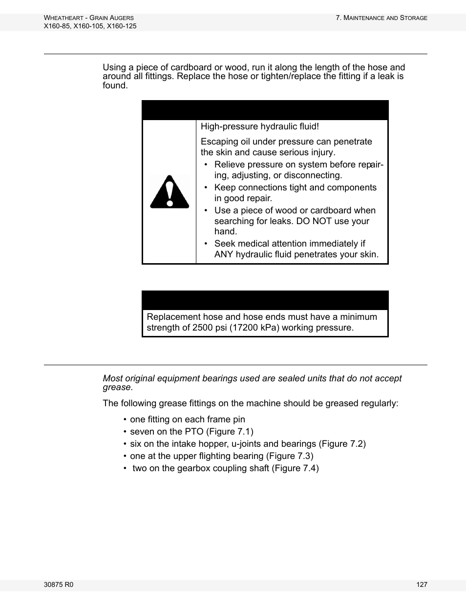 Hydraulic hose and coupler inspection, Machine greasing | Wheatheart X160 Series User Manual | Page 127 / 146
