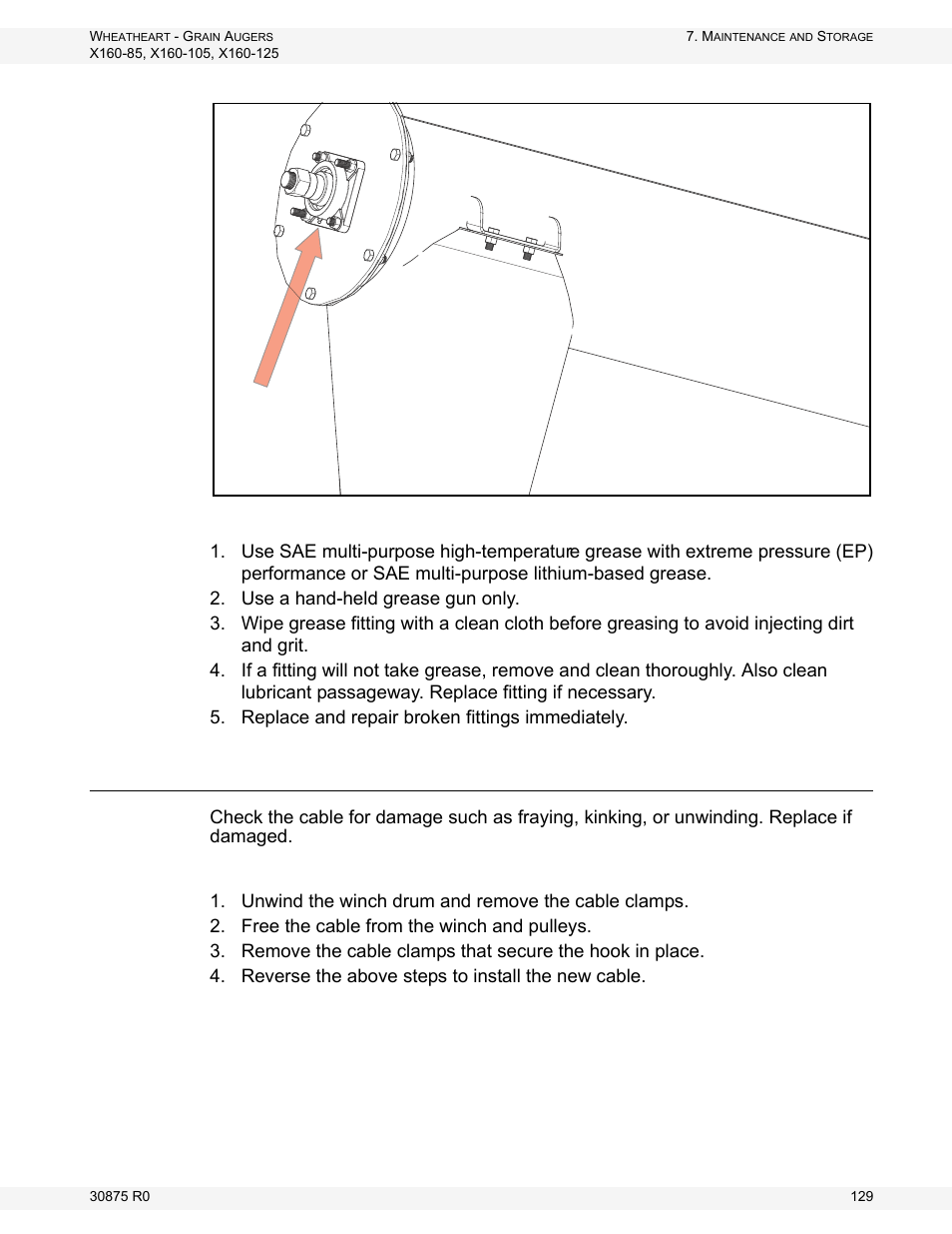 Hopper lift cable inspection, Ing bearing (figure 7.3) | Wheatheart X160 Series User Manual | Page 129 / 146