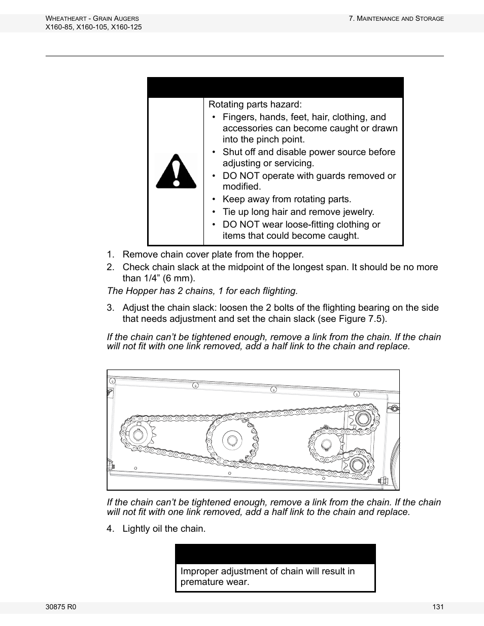 Hopper chain drive servicing, Danger, Notice | Wheatheart X160 Series User Manual | Page 131 / 146