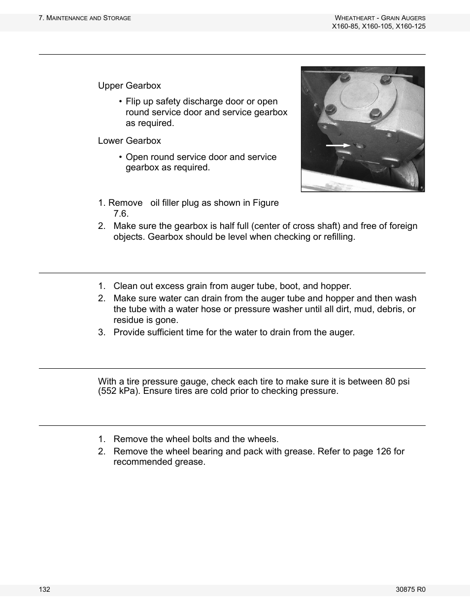 Gearbox oil level, Machine cleaning, Tire pressure check | Wheel bearings repack | Wheatheart X160 Series User Manual | Page 132 / 146