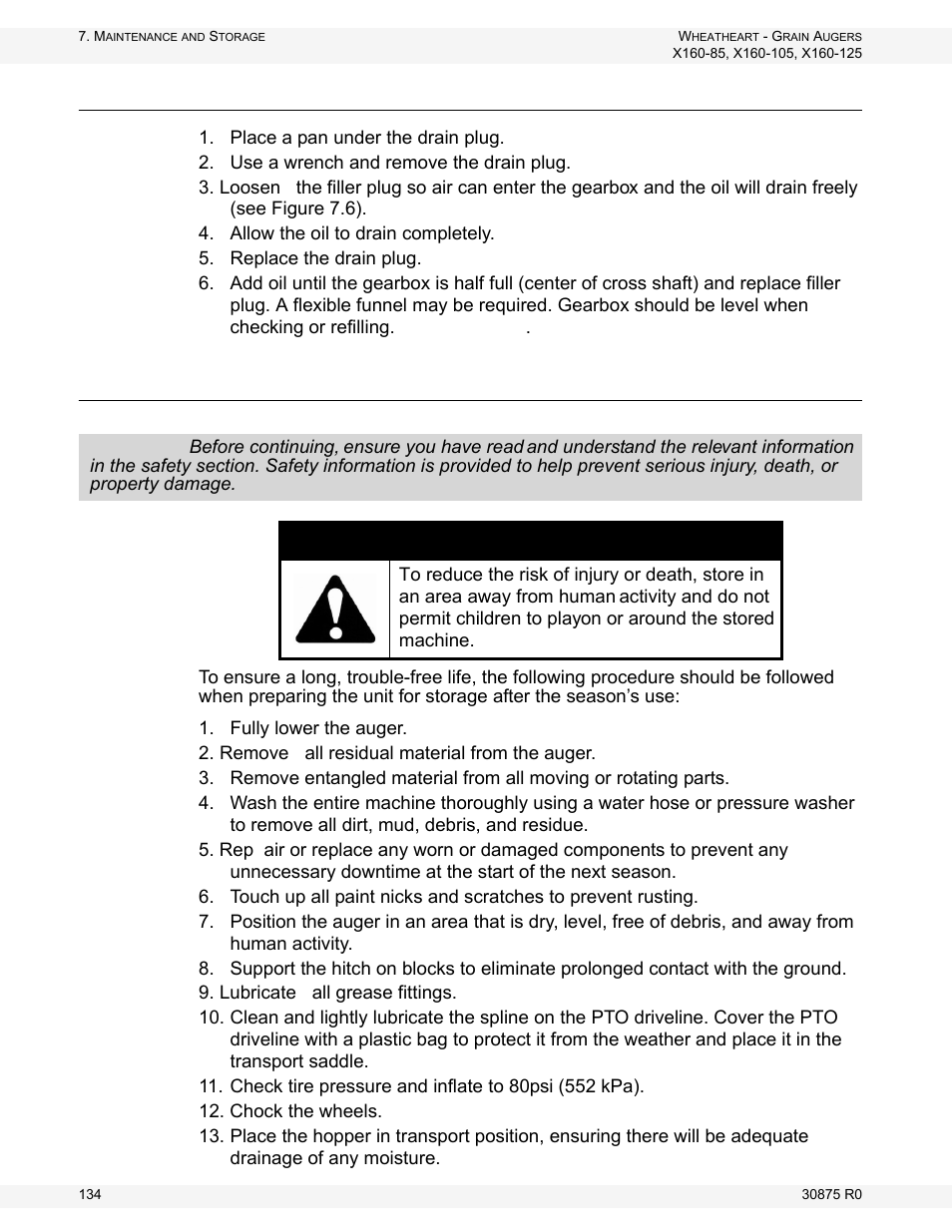 Changing gearbox oil, Storage, Warning | Wheatheart X160 Series User Manual | Page 134 / 146