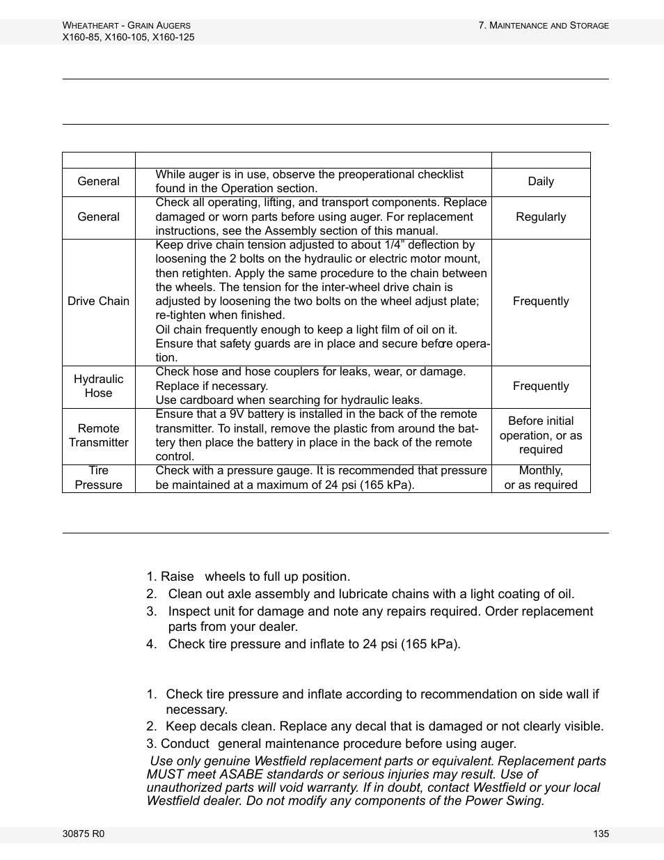 Power swing, Power swing maintenance, Power swing storage | Wheatheart X160 Series User Manual | Page 135 / 146