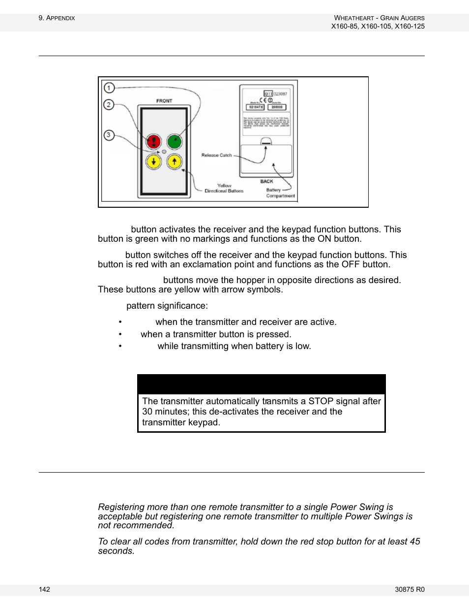 Remote transmitter instructions, Warr | Wheatheart X160 Series User Manual | Page 142 / 146