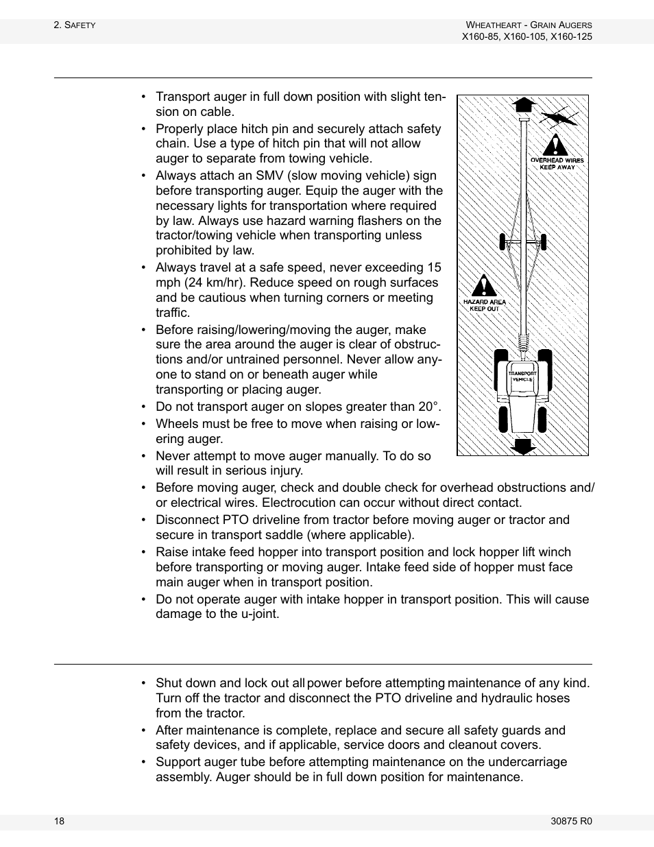 Transport & placement safety, Maintenance safety | Wheatheart X160 Series User Manual | Page 18 / 146