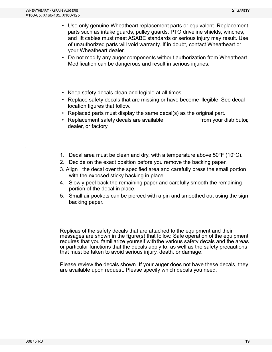 Safety decals, Decal installation/replacement, Safety decal locations | Wheatheart X160 Series User Manual | Page 19 / 146