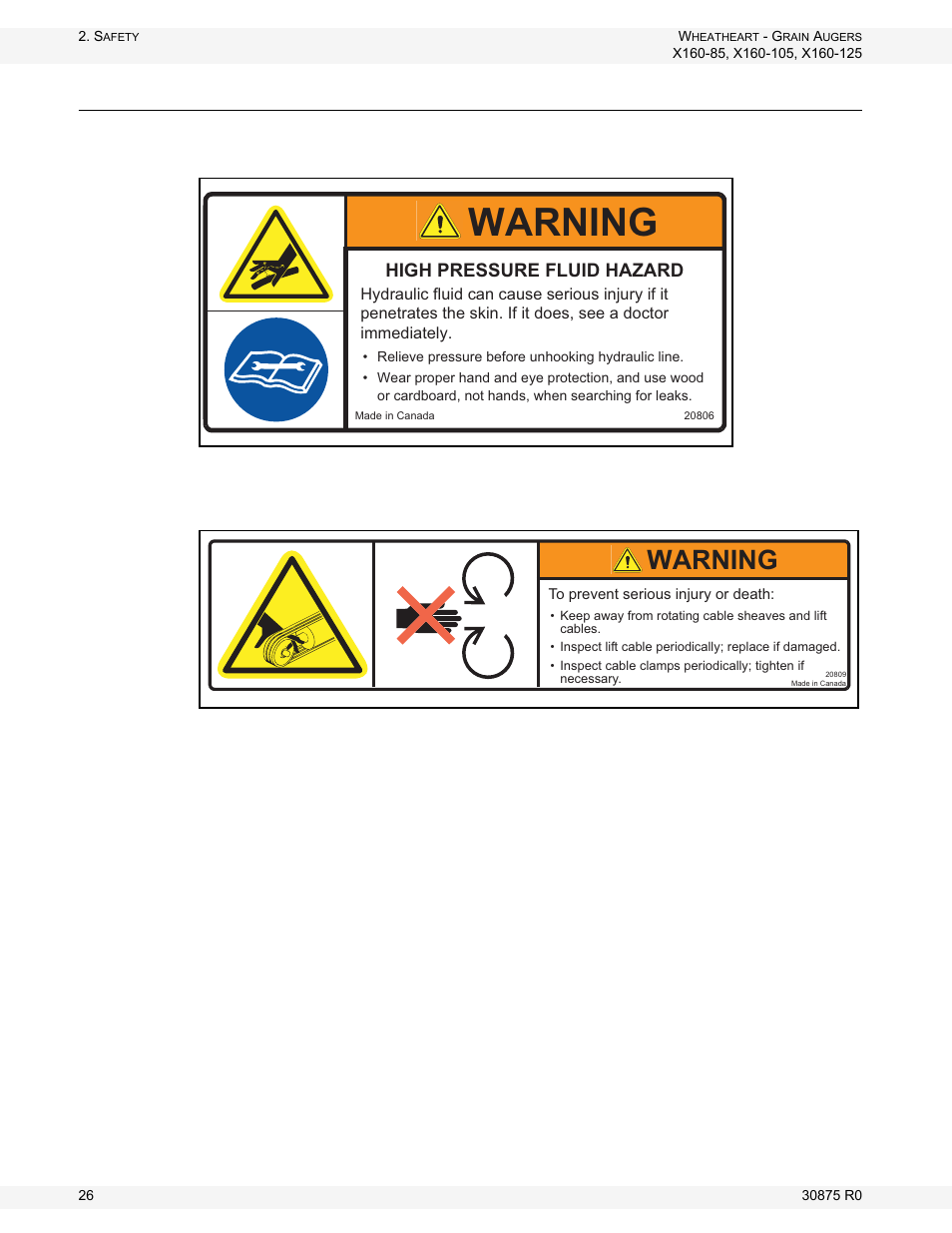Safety decal detail, Figure 2.7, Figure 2.8 | Warning, Afety, Ecal, Etail, High pressure fluid hazard | Wheatheart X160 Series User Manual | Page 26 / 146