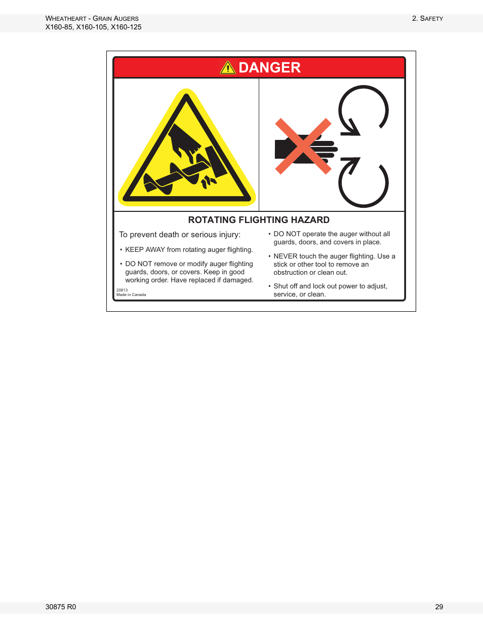Figure 2.13, Danger, Rotating flighting hazard | Wheatheart X160 Series User Manual | Page 29 / 146