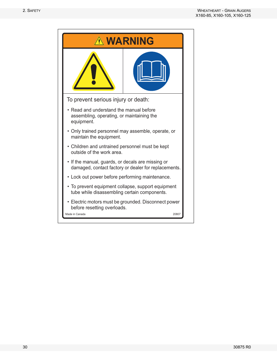 Figure 2.14, Warning | Wheatheart X160 Series User Manual | Page 30 / 146