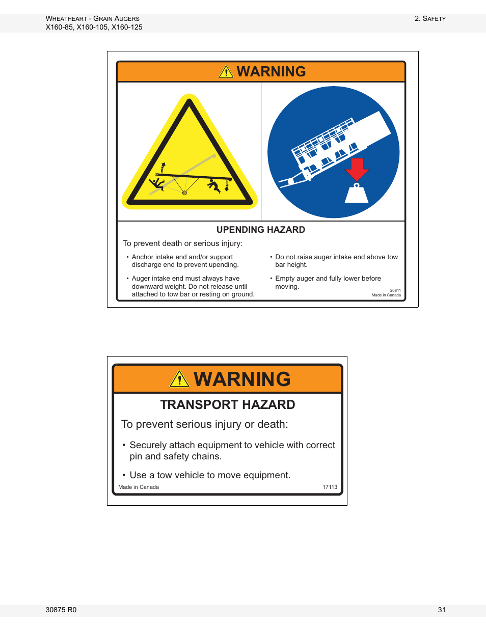 Figure 2.15, Figure 2.16, Warning | Transport hazard, Upending hazard | Wheatheart X160 Series User Manual | Page 31 / 146