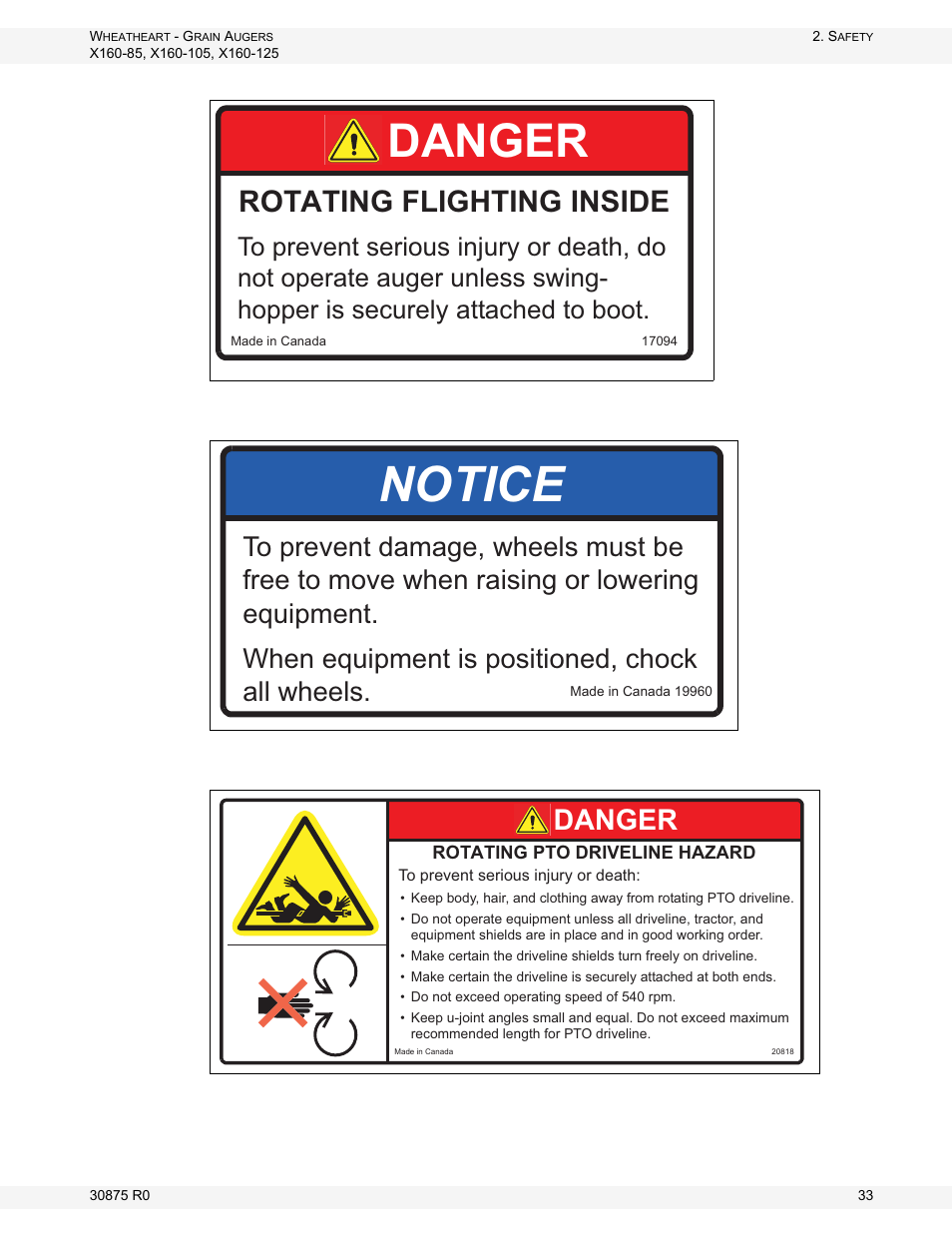 Figure 2.19, Figure 2.20, Figure 2.21 | Notice, Danger, Rotating flighting inside | Wheatheart X160 Series User Manual | Page 33 / 146