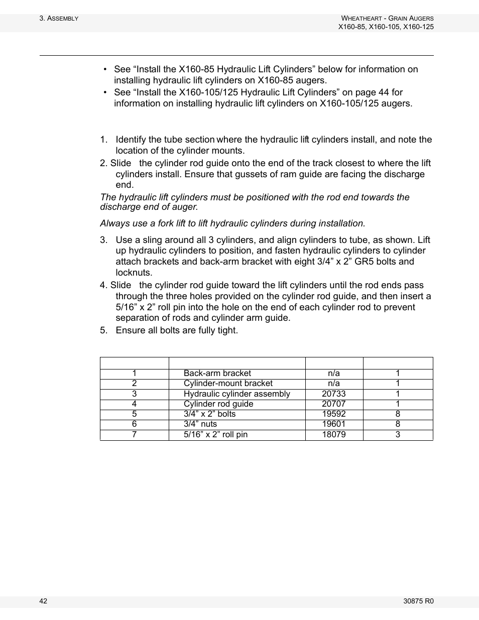 Install the hydraulic lift cylinders | Wheatheart X160 Series User Manual | Page 42 / 146