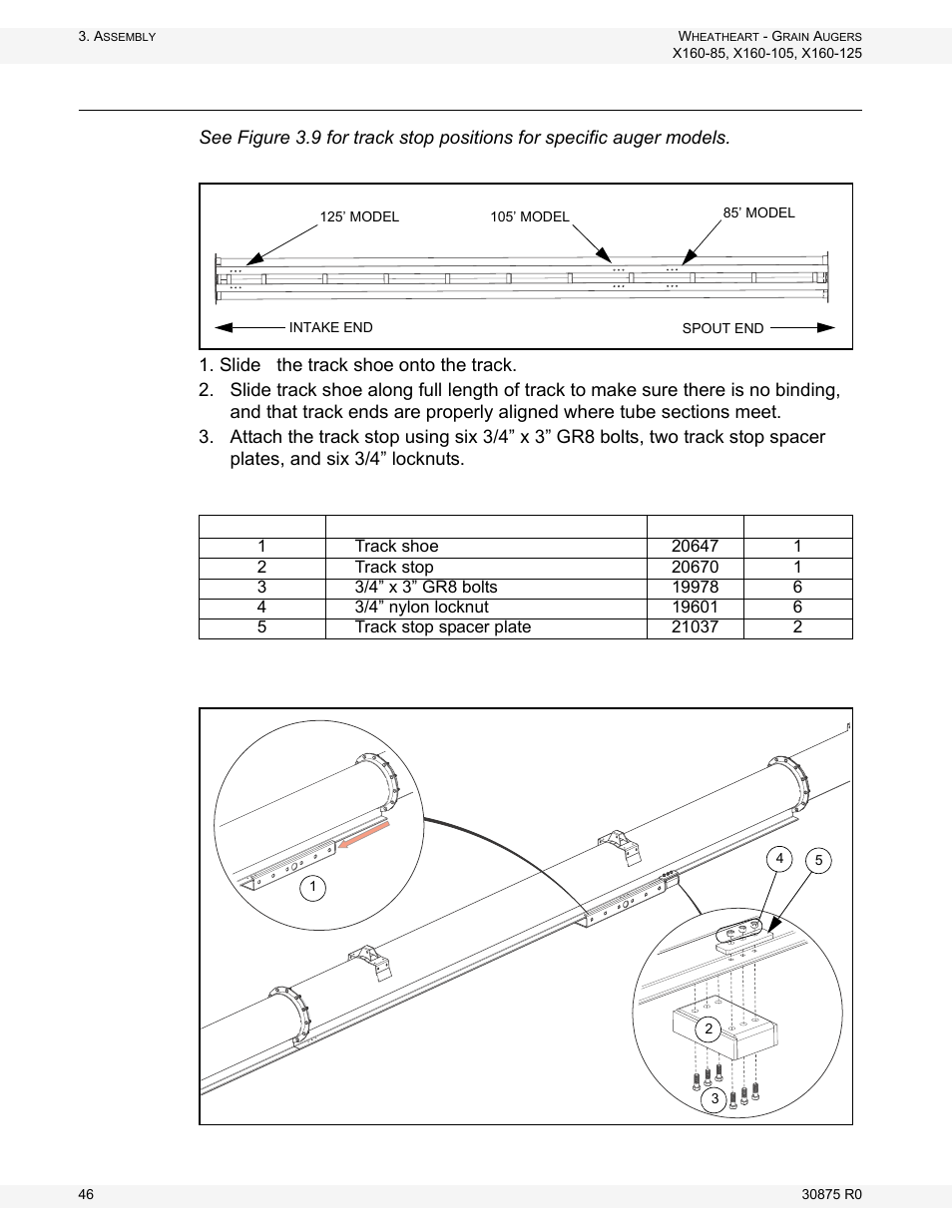 Install the track shoe and track stop | Wheatheart X160 Series User Manual | Page 46 / 146