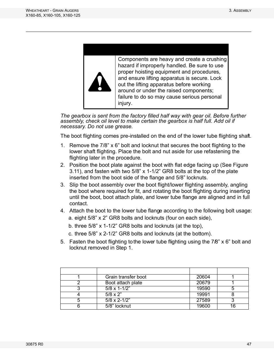 Install the boot on the auger tube, Warning | Wheatheart X160 Series User Manual | Page 47 / 146