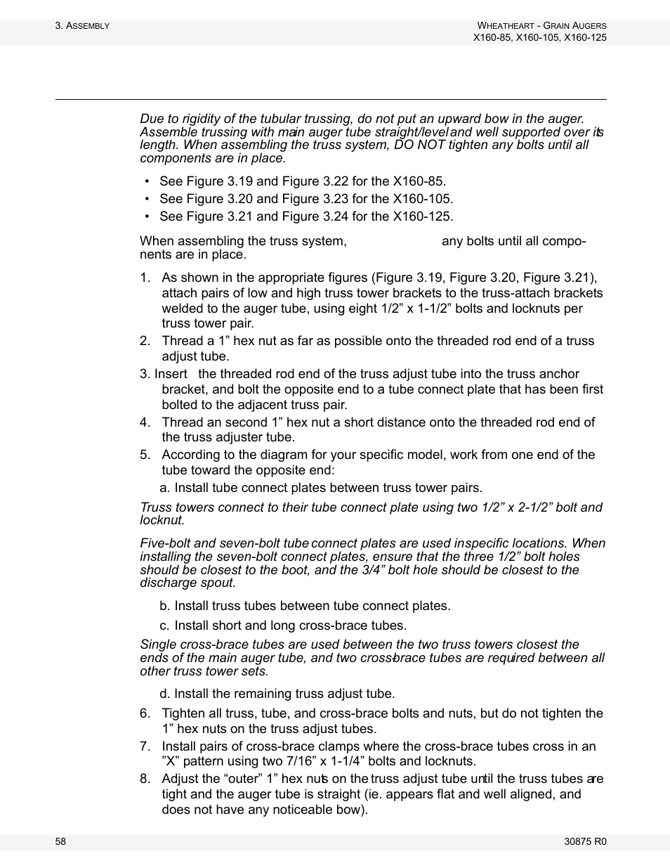 Install truss support towers and truss tubes | Wheatheart X160 Series User Manual | Page 58 / 146