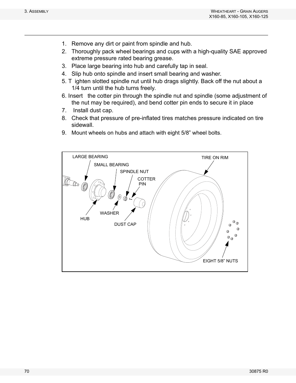 Assemble the wheel hub and install tires | Wheatheart X160 Series User Manual | Page 70 / 146