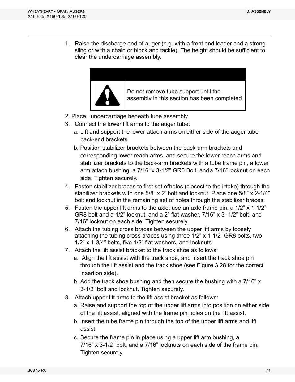 Connect the auger tube to the frame, Warning | Wheatheart X160 Series User Manual | Page 71 / 146