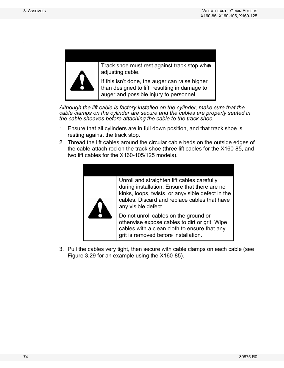 Install lift cylinder cables to the track shoe, Caution, Warning | Wheatheart X160 Series User Manual | Page 74 / 146