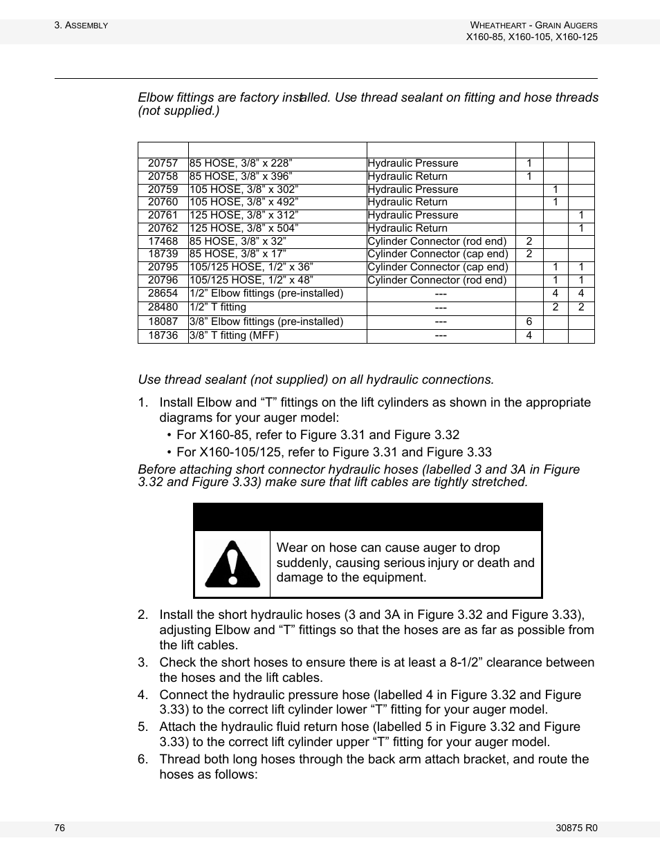 Connect hydraulic hoses and ball valve, Warning | Wheatheart X160 Series User Manual | Page 76 / 146
