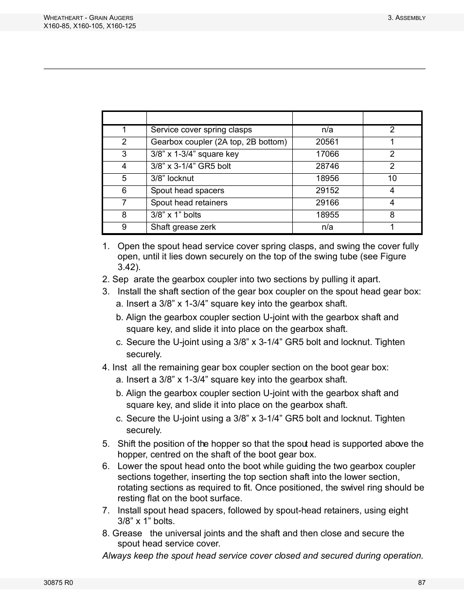 Connect the spout head to the grain transfer boot | Wheatheart X160 Series User Manual | Page 87 / 146