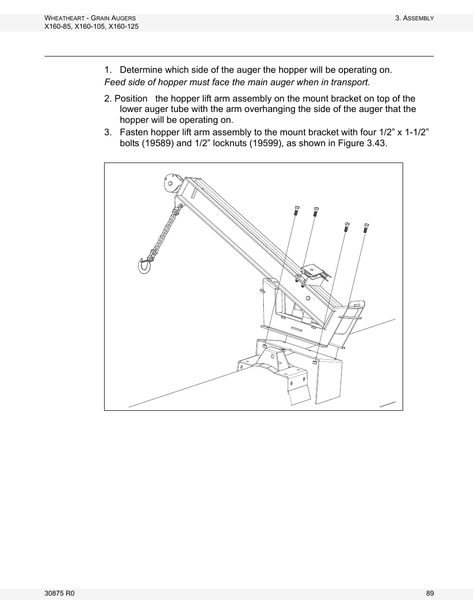 Install the hopper lift arm | Wheatheart X160 Series User Manual | Page 89 / 146