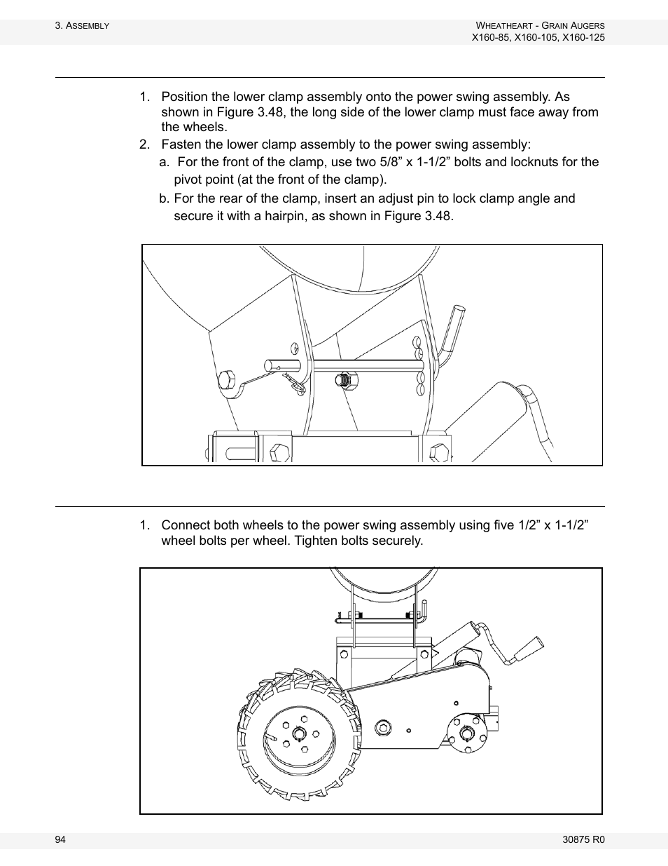 Connect the lower clamp to the power swing, Connect the wheels on the power swing | Wheatheart X160 Series User Manual | Page 94 / 146