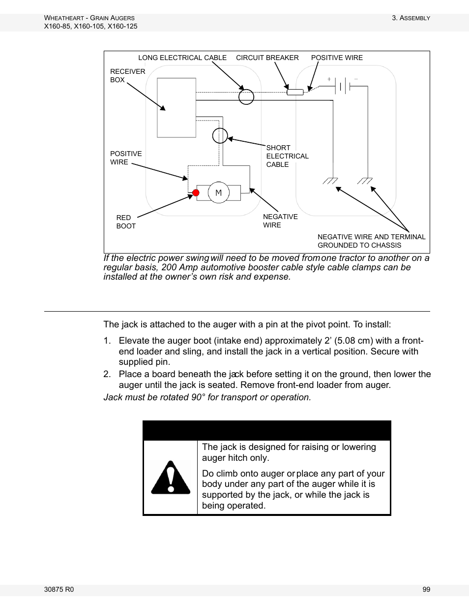 Install the hitch jack, Warning | Wheatheart X160 Series User Manual | Page 99 / 146