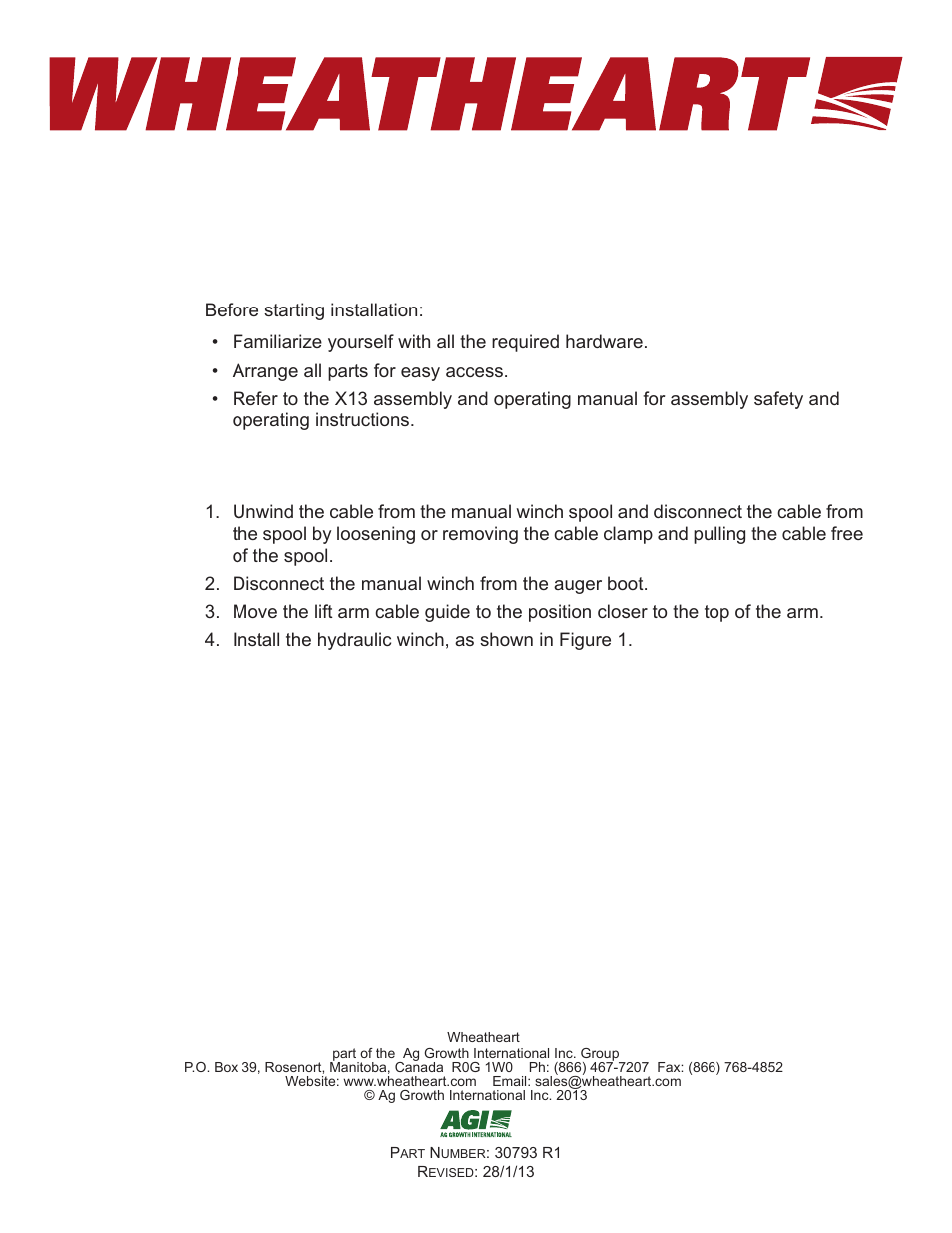 Wheatheart X13 Hydraulic Winch Kit User Manual | 4 pages