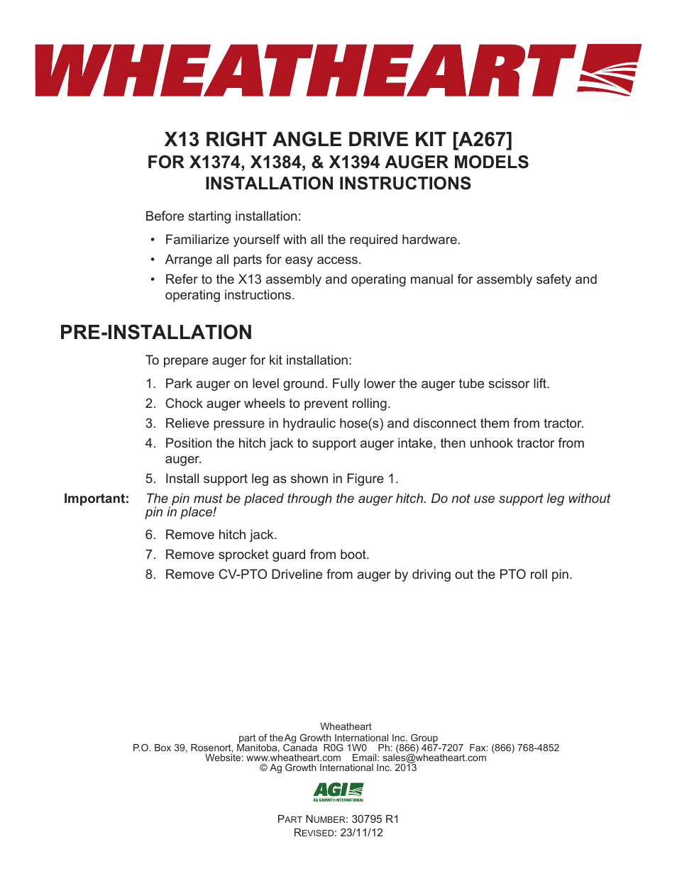 Wheatheart X13 Right Angle Drive Kit User Manual | 7 pages
