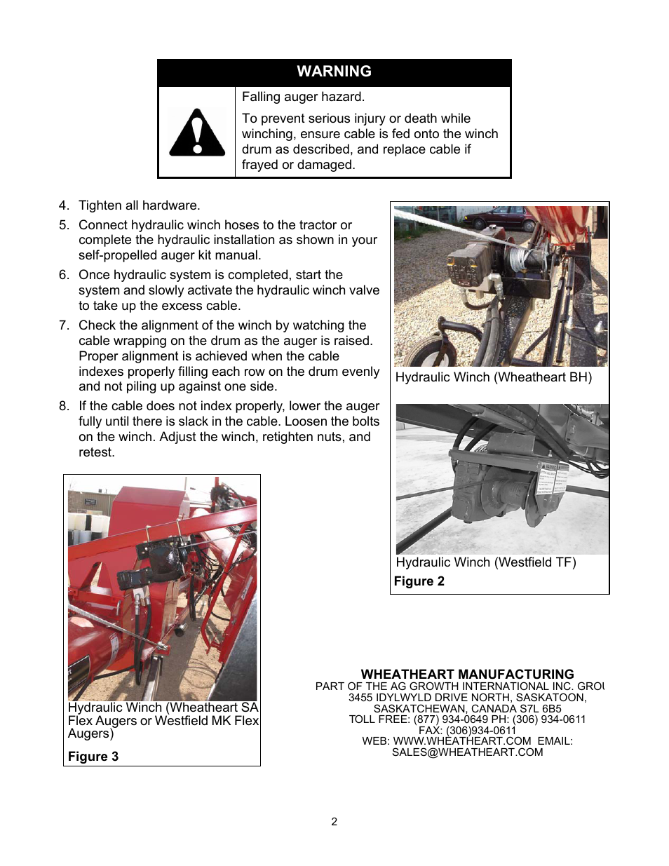 Warning | Wheatheart Universal Hydraulic Winch User Manual | Page 2 / 2