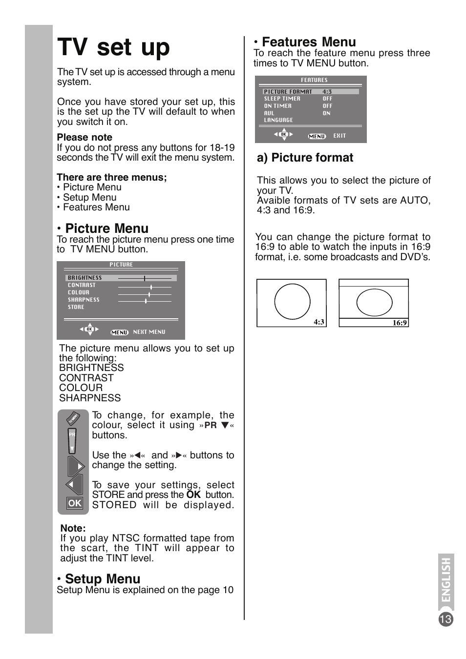 Tv set up, Setup menu, Picture menu | Features menu, A) picture format | Beko DVD COMBO User Manual | Page 14 / 31