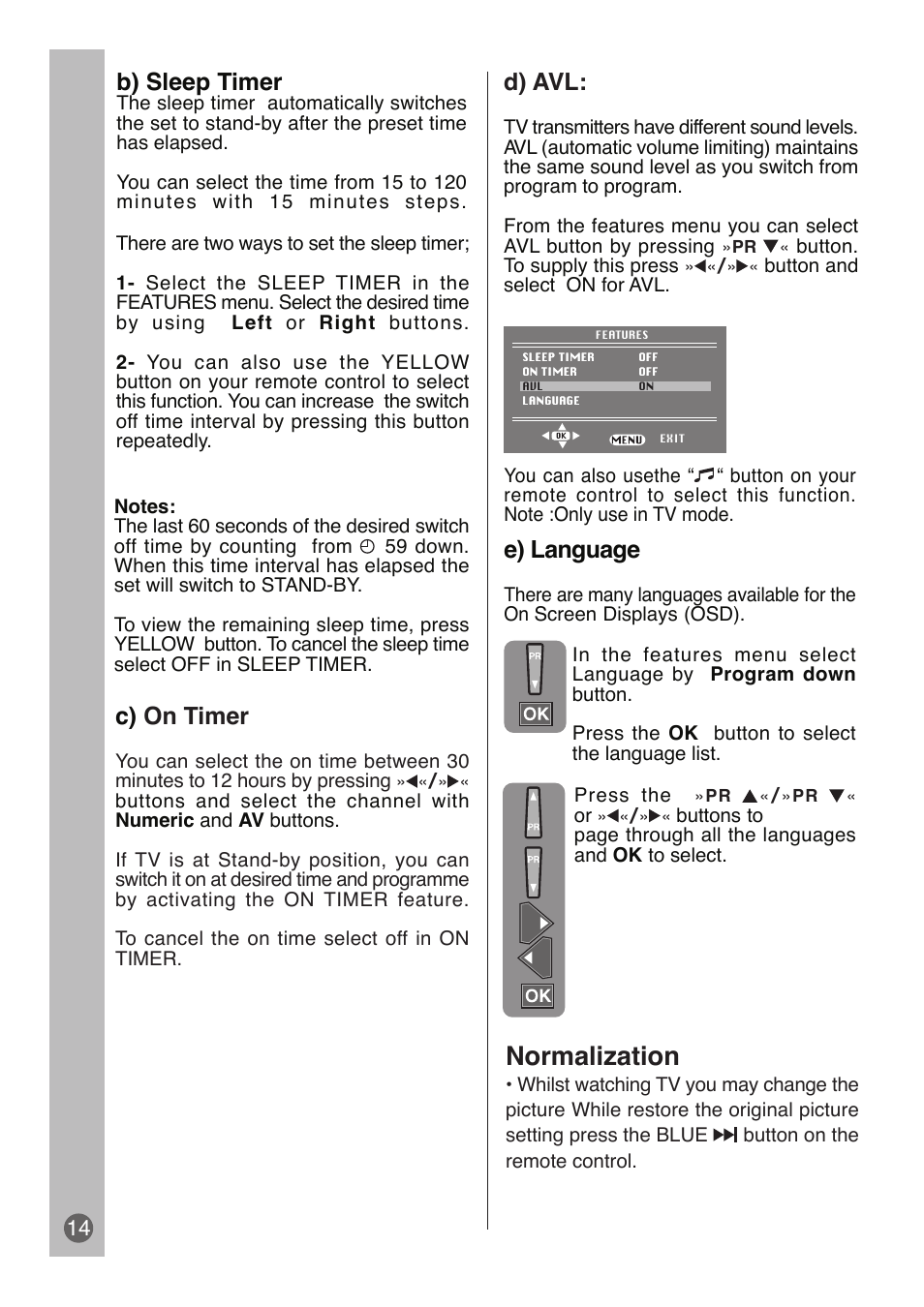 Normalization, E) language, B) sleep timer | D) avl, C) on timer | Beko DVD COMBO User Manual | Page 15 / 31