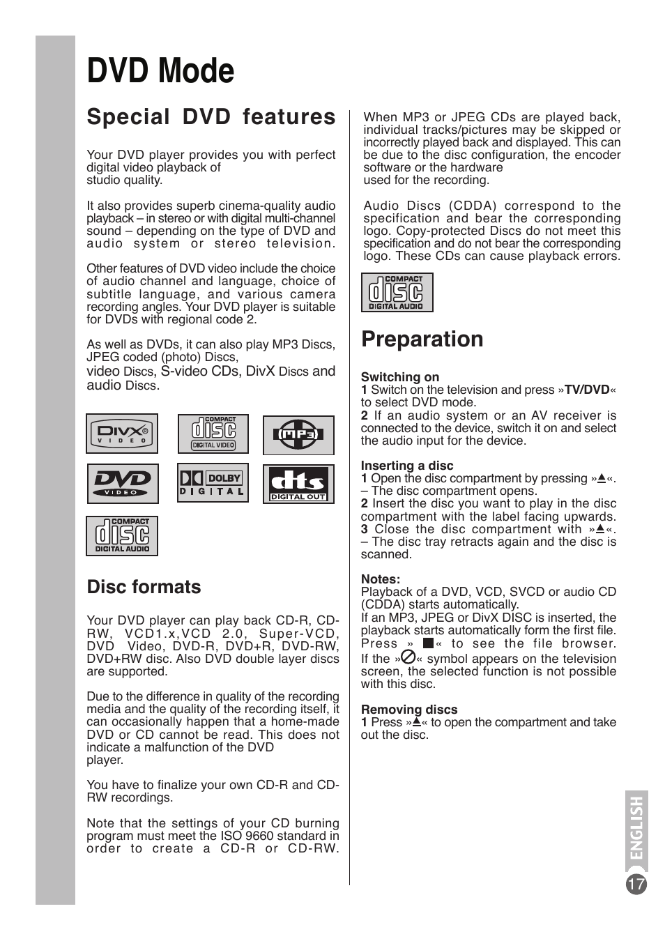 Dvd mode, Special dvd features, Preparation | Disc formats | Beko DVD COMBO User Manual | Page 18 / 31