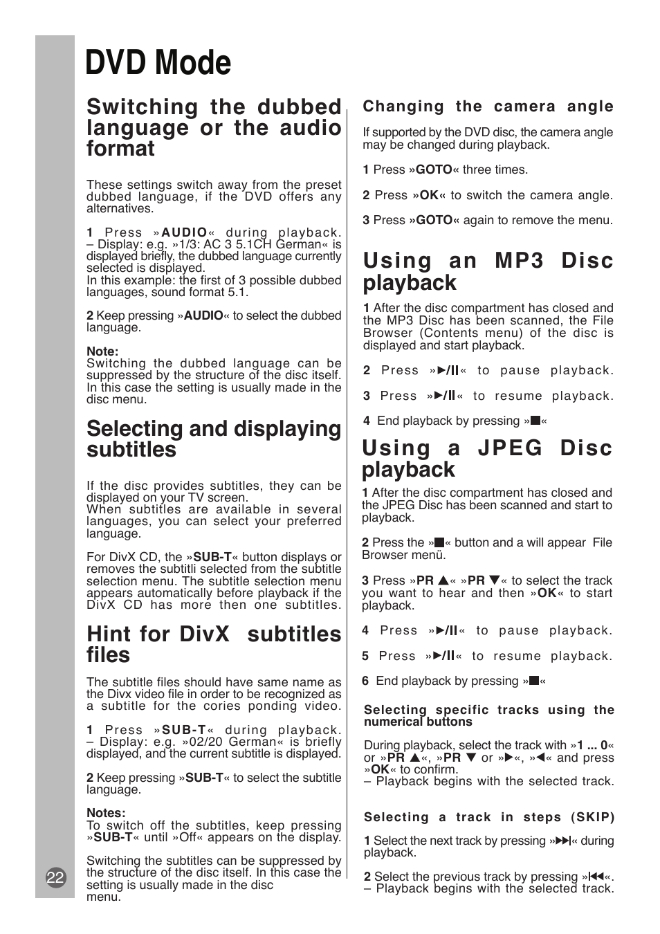 Dvd mode, Switching the dubbed language or the audio format, Selecting and displaying subtitles | Hint for divx subtitles files, Using an mp3 disc playback, Using a jpeg disc playback | Beko DVD COMBO User Manual | Page 23 / 31