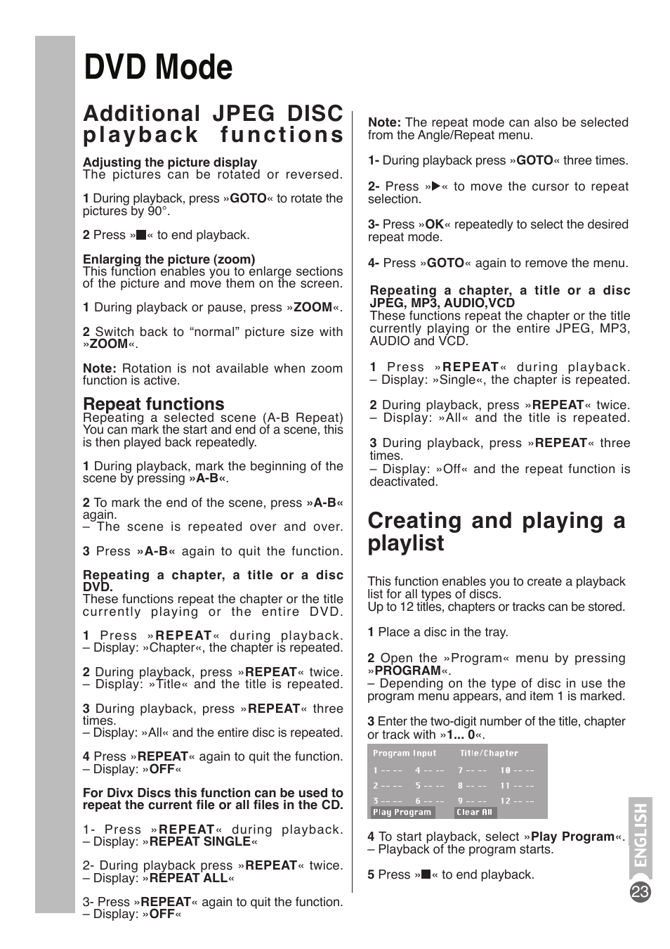 Dvd mode, Creating and playing a playlist, Repeat functions | Beko DVD COMBO User Manual | Page 24 / 31