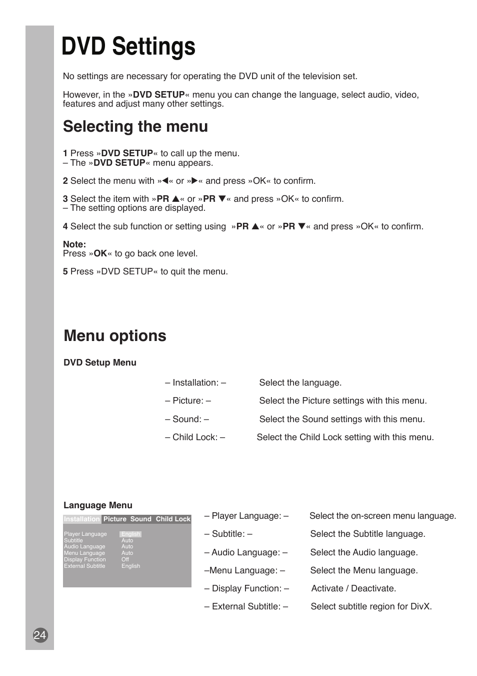 Dvd settings, Selecting the menu, Menu options | Beko DVD COMBO User Manual | Page 25 / 31