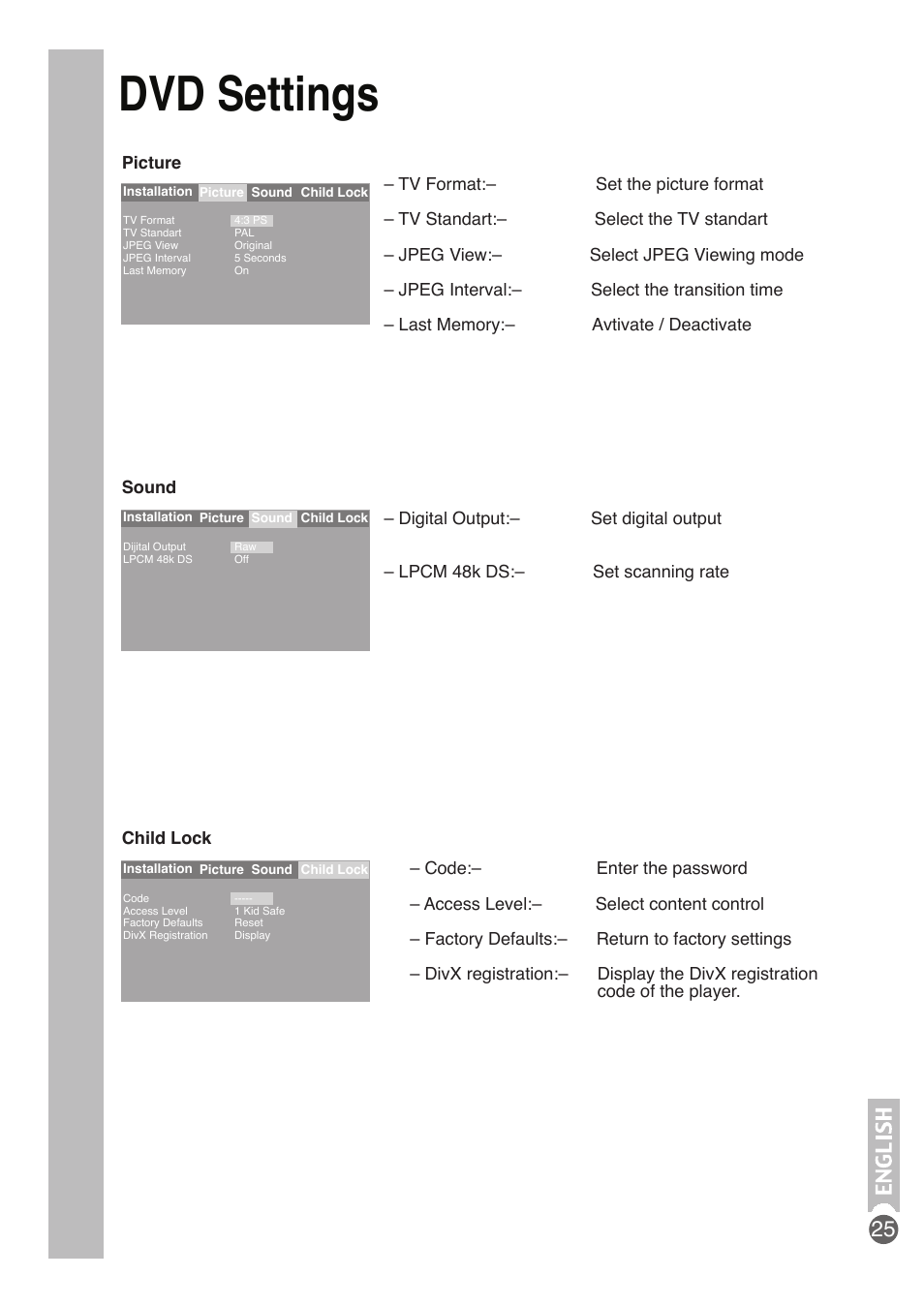 Dvd settings | Beko DVD COMBO User Manual | Page 26 / 31