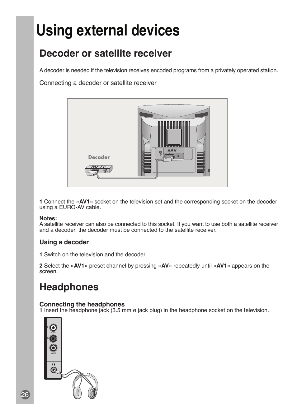 Using external devices, Decoder or satellite receiver, Headphones | Connecting a decoder or satellite receiver, Using a decoder, Connecting the headphones | Beko DVD COMBO User Manual | Page 27 / 31