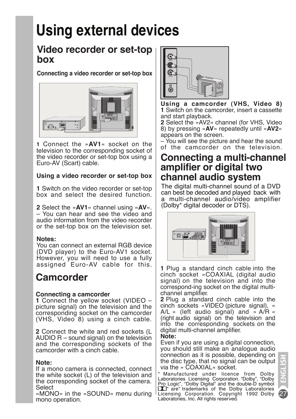 Using external devices, Video recorder or set-top box, Camcorder | Beko DVD COMBO User Manual | Page 28 / 31