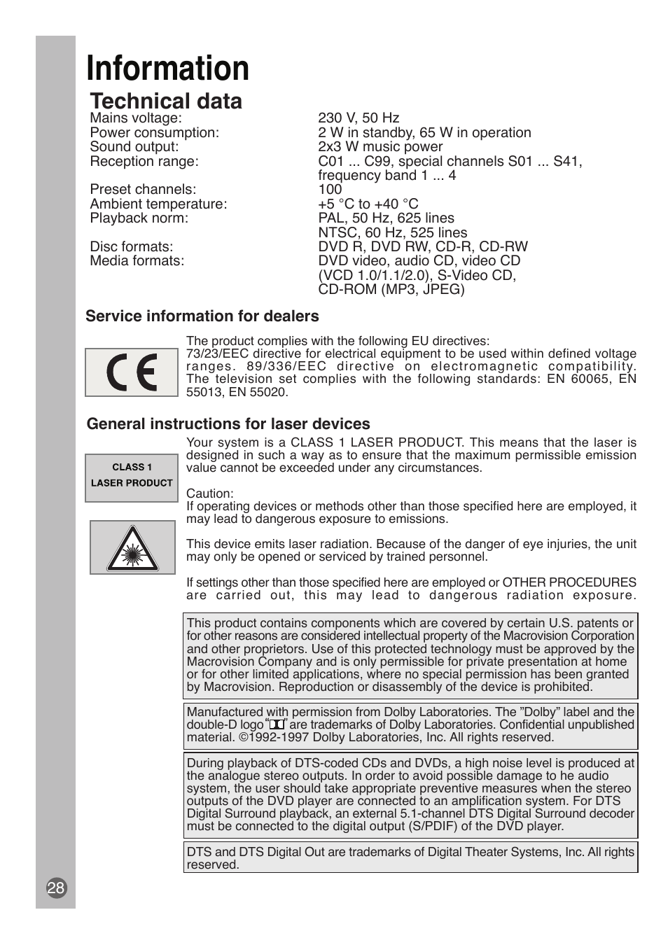 Information, Technical data | Beko DVD COMBO User Manual | Page 29 / 31
